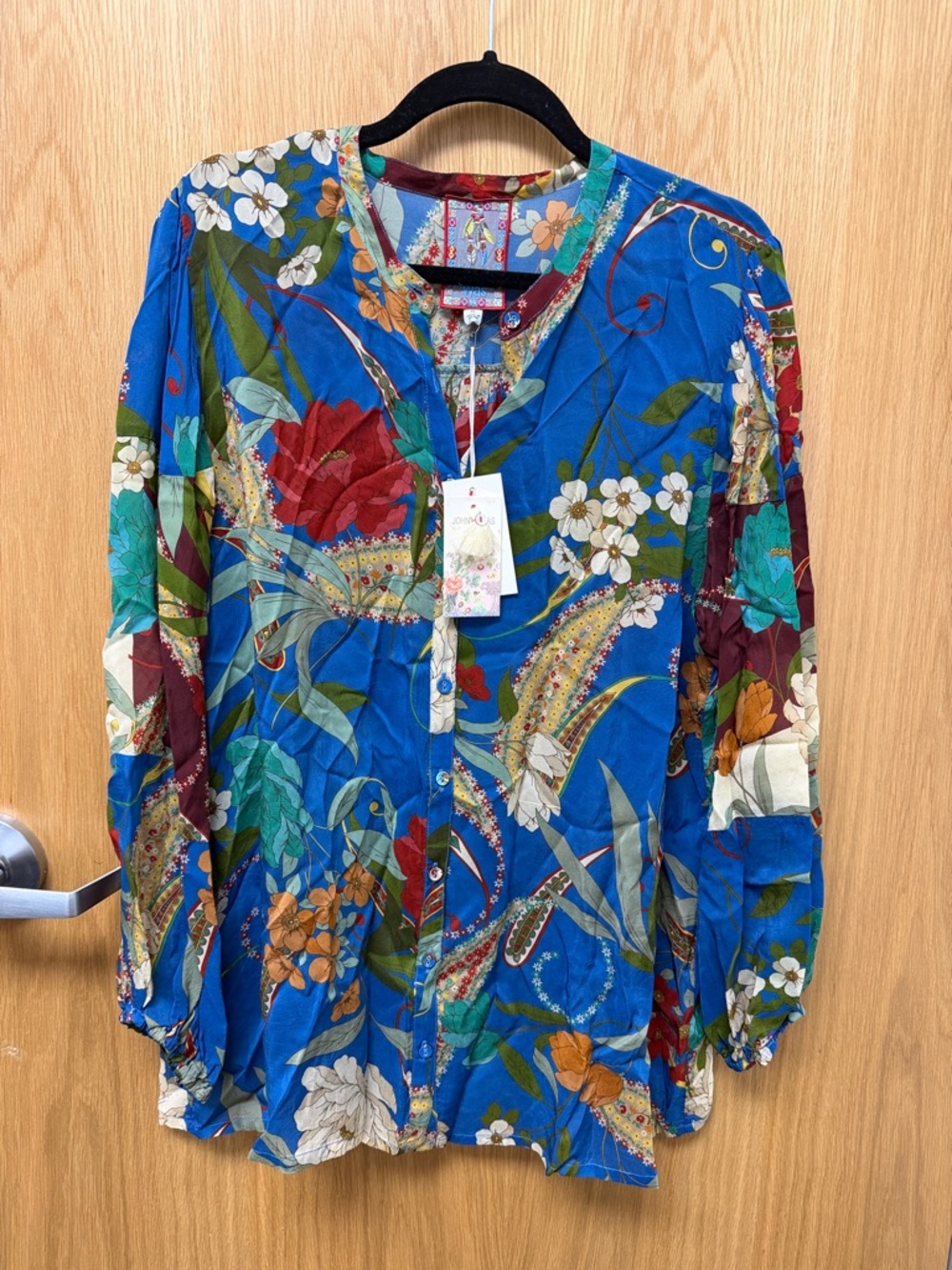 Johnny Was Blue Multi Floral Button-Down Blouse